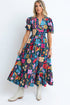 Retro Floral Printed Split Neck Maxi Dress